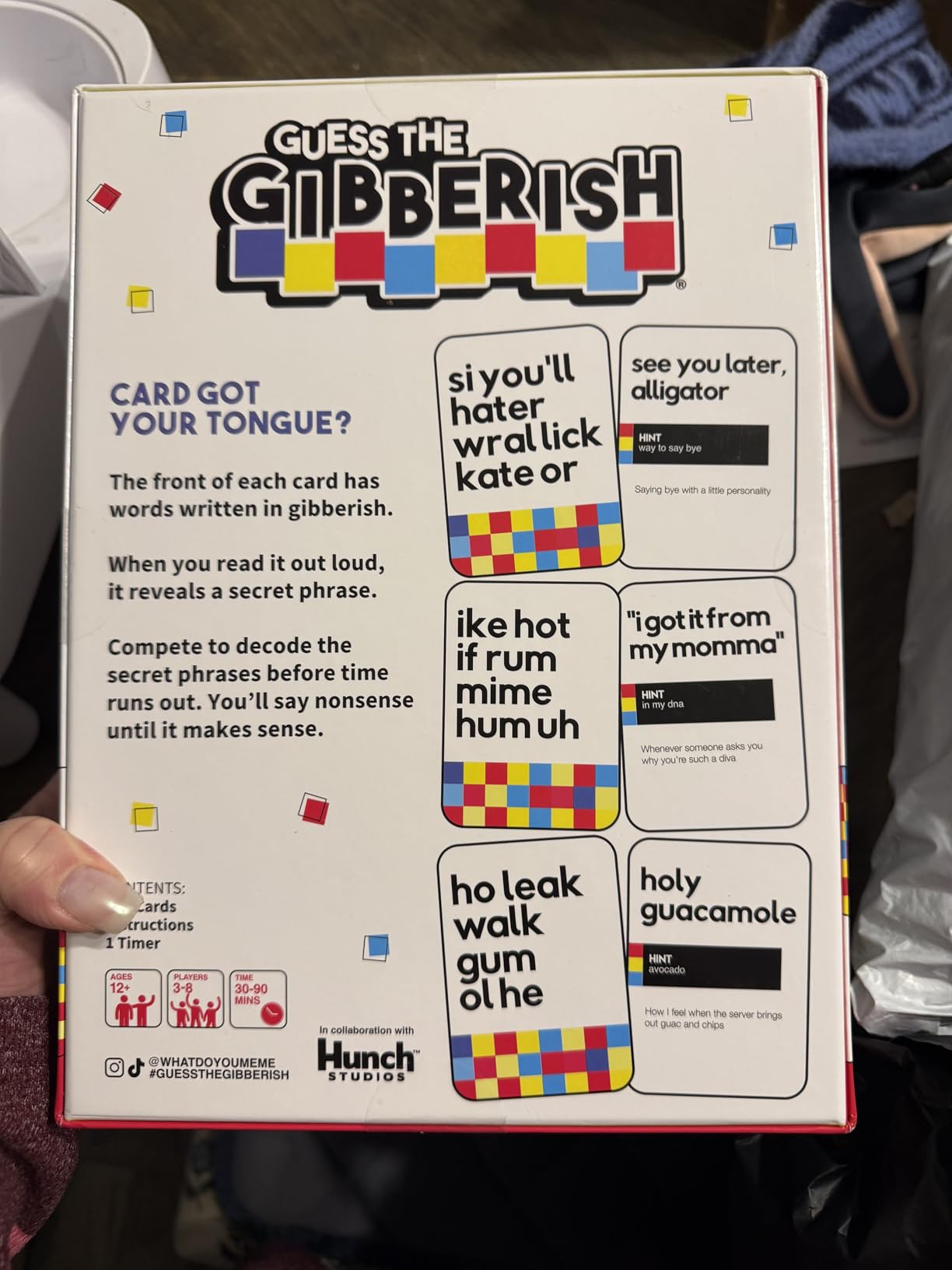 Back of the Guess the Gibberish Family Edition box with example cards