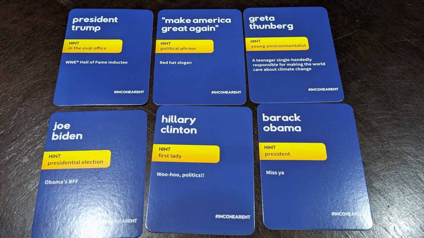 Pop culture Incohearent cards with blue backs laid out on a table